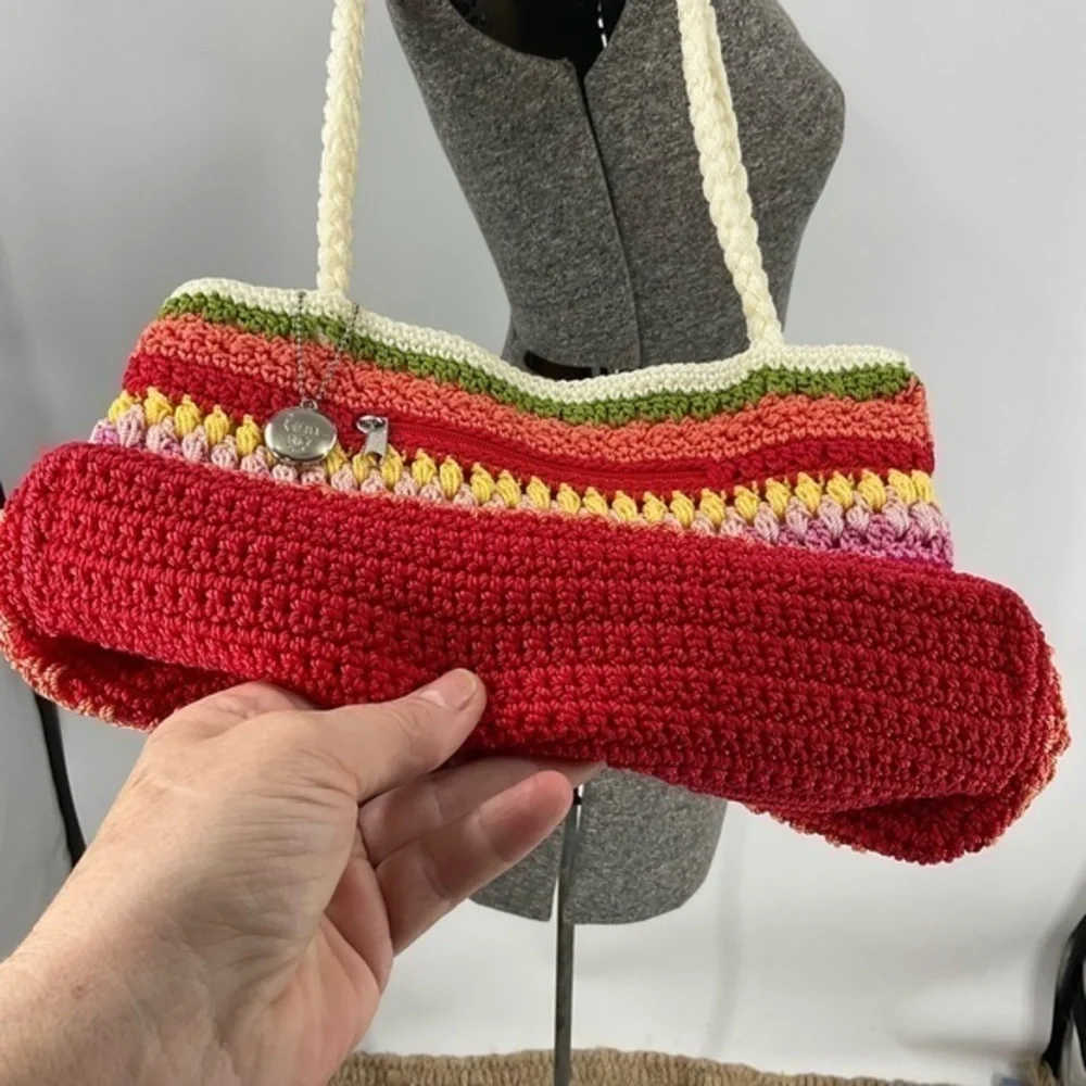 Lina Rainbow colored boho crocheted braided handle shoulder purse